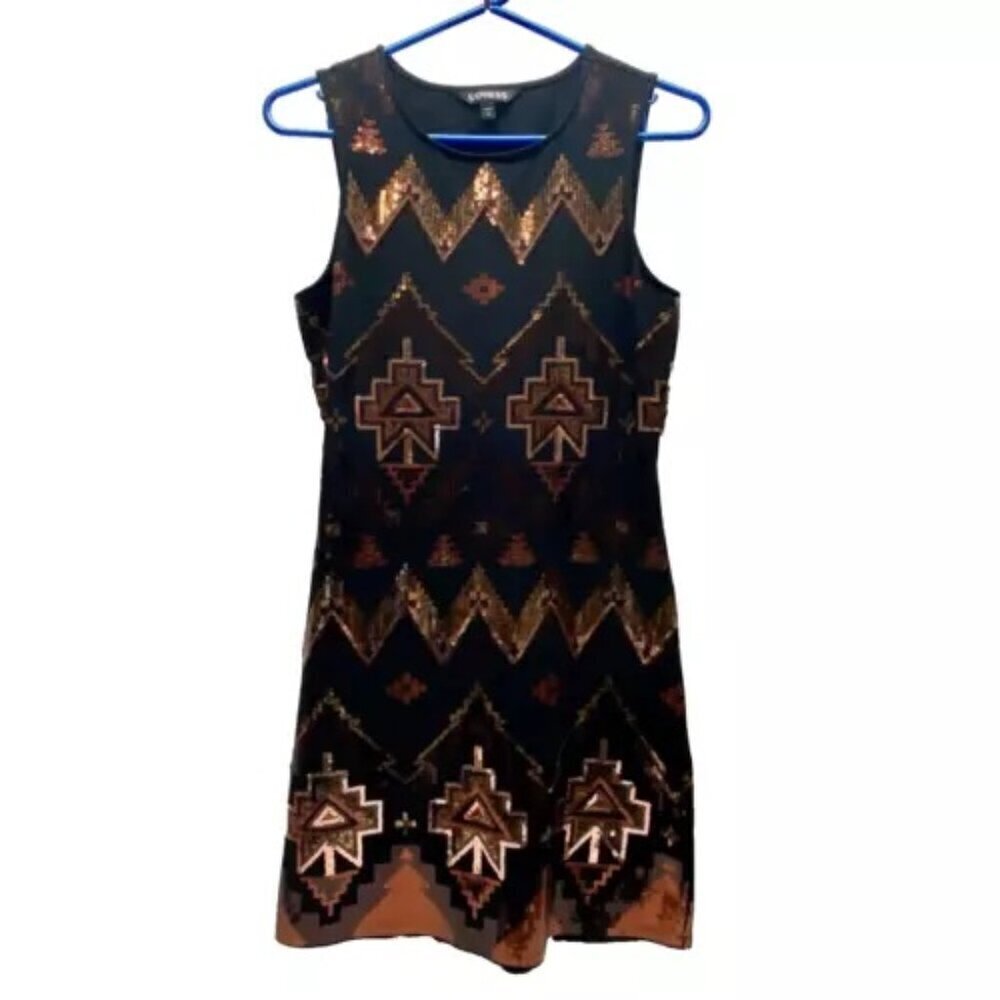 Express Dress Women's Small Black Rose Gold Tribal Sequin Fitted‎ Tank Sexy NWOT